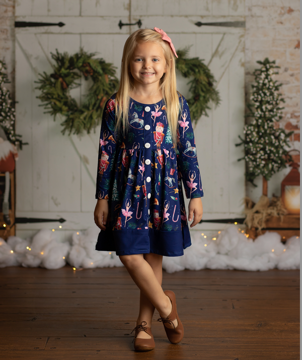 Millie Loves Lily Girls Navy Holiday Nutcracker Dress Long Sleeve