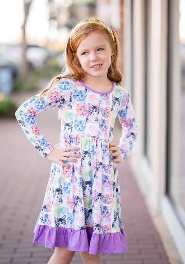 Watercolor Cats Ruffle-Hem Dress