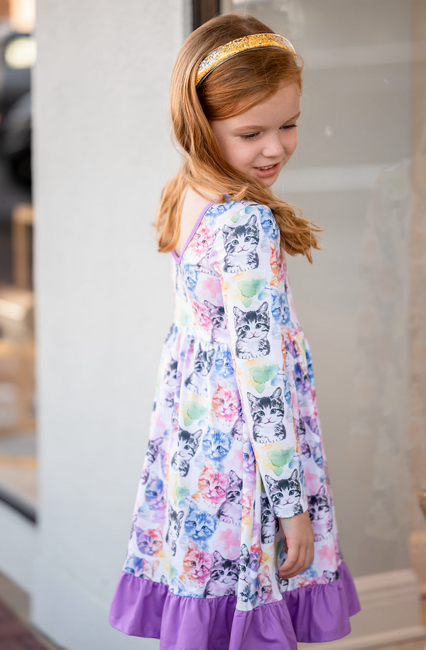 Watercolor Cats Ruffle-Hem Dress