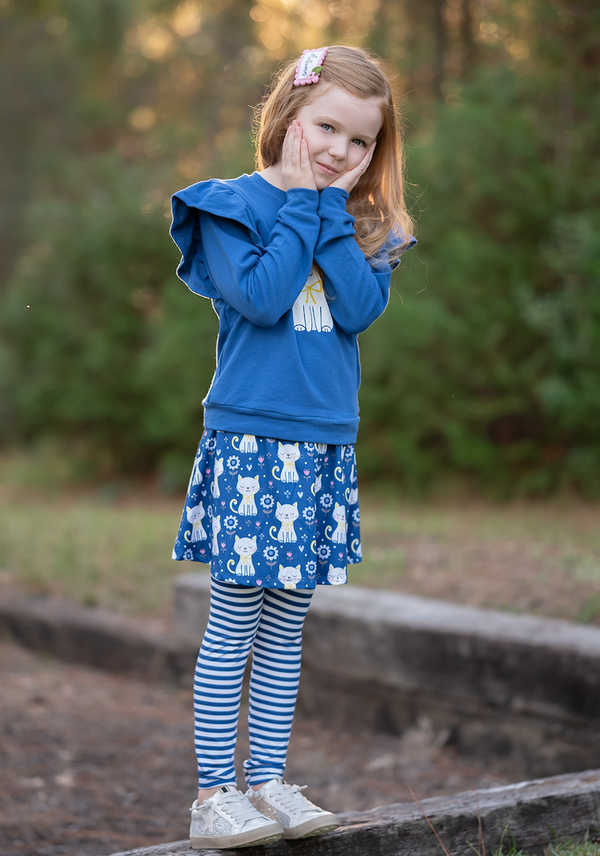 Cobalt Angel-Sleeve Top & Kitten Corner Skirted Leggings