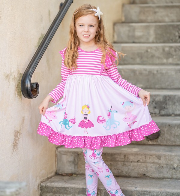 Light Pink Ballerinas & Unicorns Angel-Sleeve Dress & Leggings