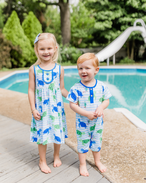 Ice Blue Stripe Swimming Turtle Playsuit