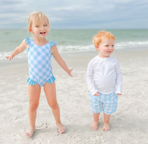 Mint Gingham Ruffle-Accent One-Piece