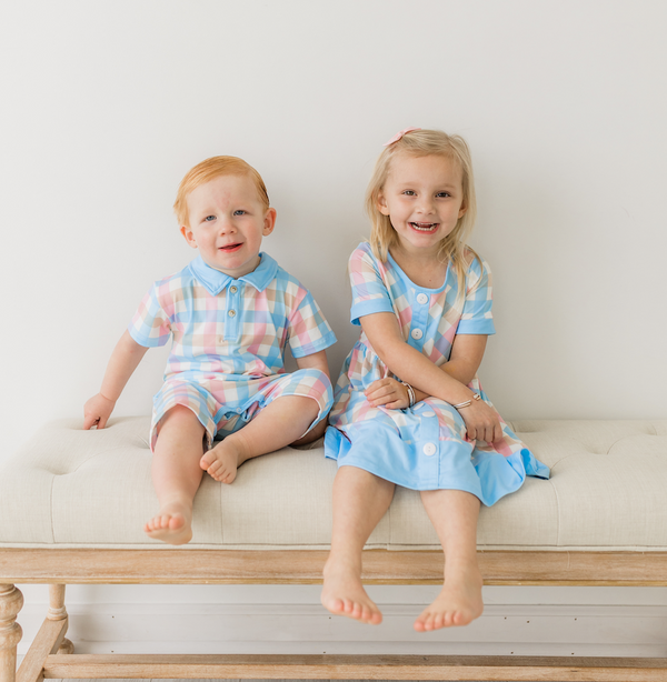 Light Blue & Pink Pastel Plaid Button-Up A-Line Dress