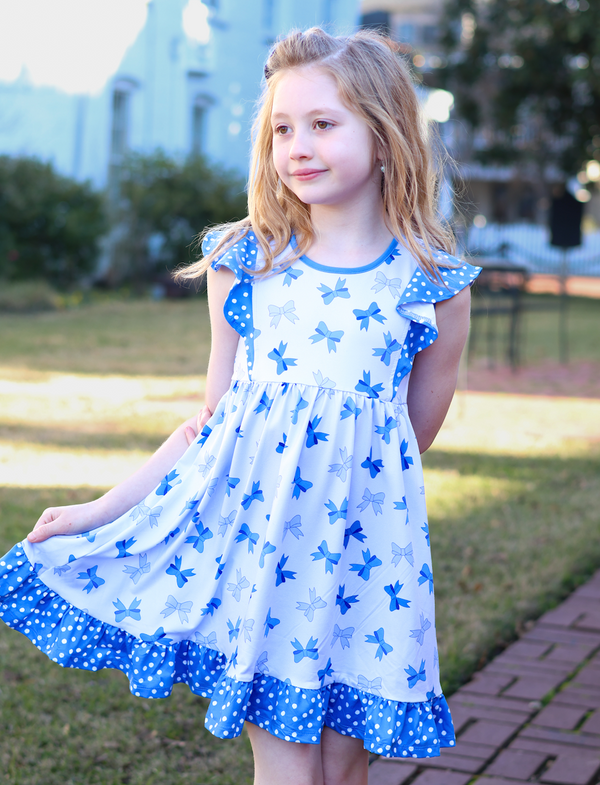 Light Blue Bows Angel-Sleeve Dress