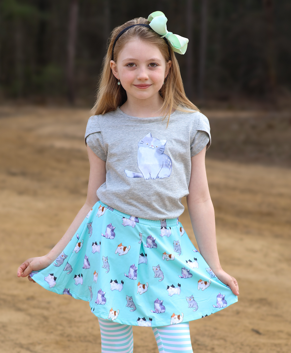 Gray Heather Tulip-Sleeve Top & Mint Kitty Dreams Skirted Leggings