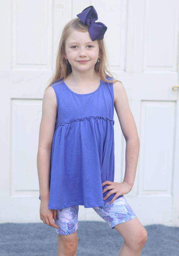 Blue Iris Sleeveless Ruffle Baby-Doll Top & Butterfly Jewel Bike Shorts