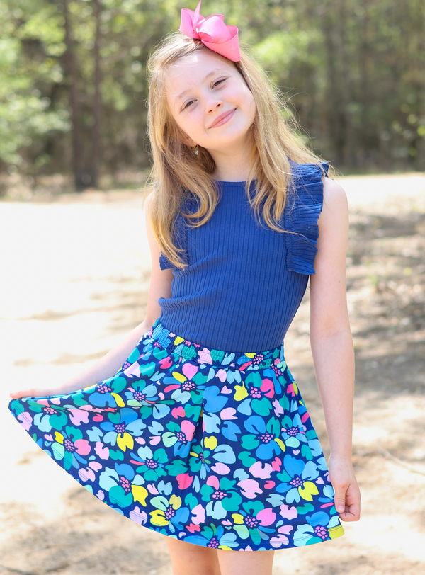 Navy Ribbed Sleeveless Top & Block Floral Skort