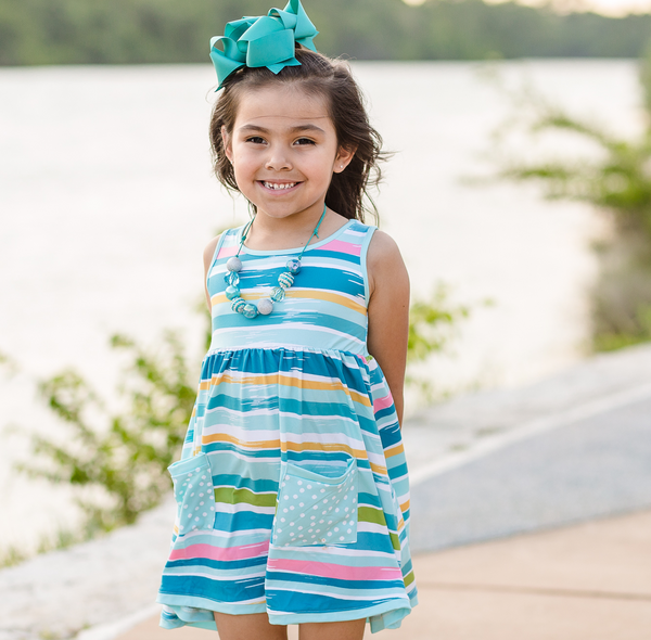 Kids Mint Ocean Stripe Sleeveless Pocket A-Line Dress