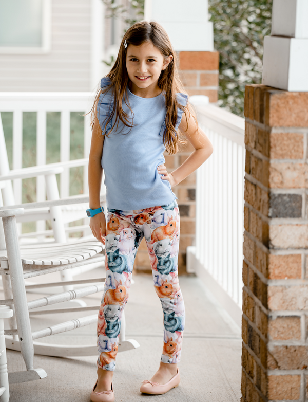 Kids Periwinkle Ribbed Ruffle Sleeveless Top & Bunnies Leggings