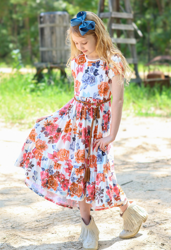 Cream & Orange Autumn Florals Midi-Length Hi-Low Dress