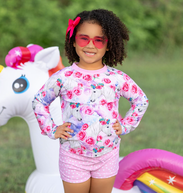 Pink Horsees&Roses Long-Sleeve Rashguard Set