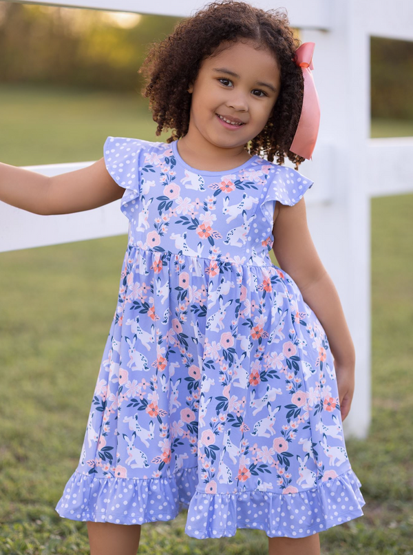 Periwinkle Bunny Meadow Angel-Sleeve Dress & Shorts