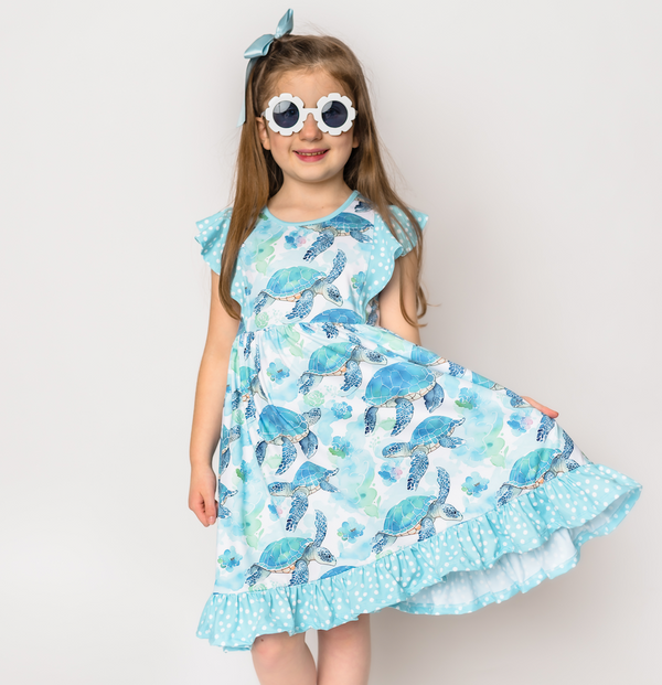 Mint Turtle Wonder Angel-Sleeve Dress