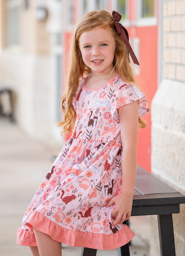 Coral Pretty Kitty Patch-Pocket Angel-Sleeve Dress