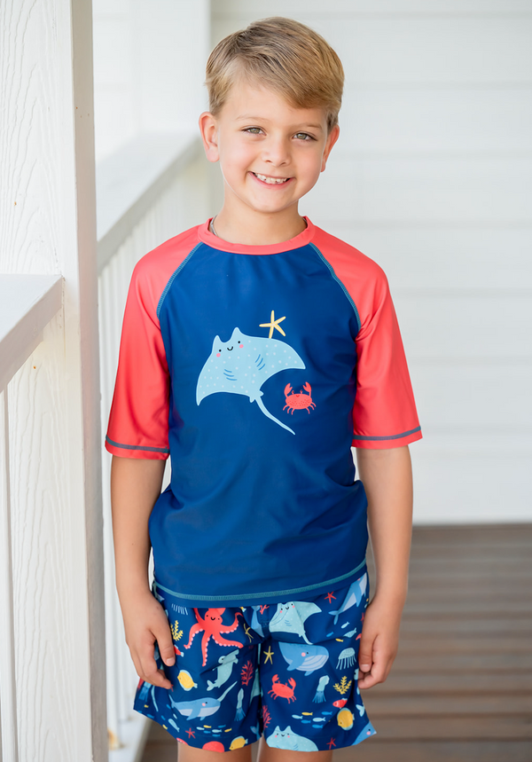 Navy Sea Animals Short-Sleeve Rashguard Set