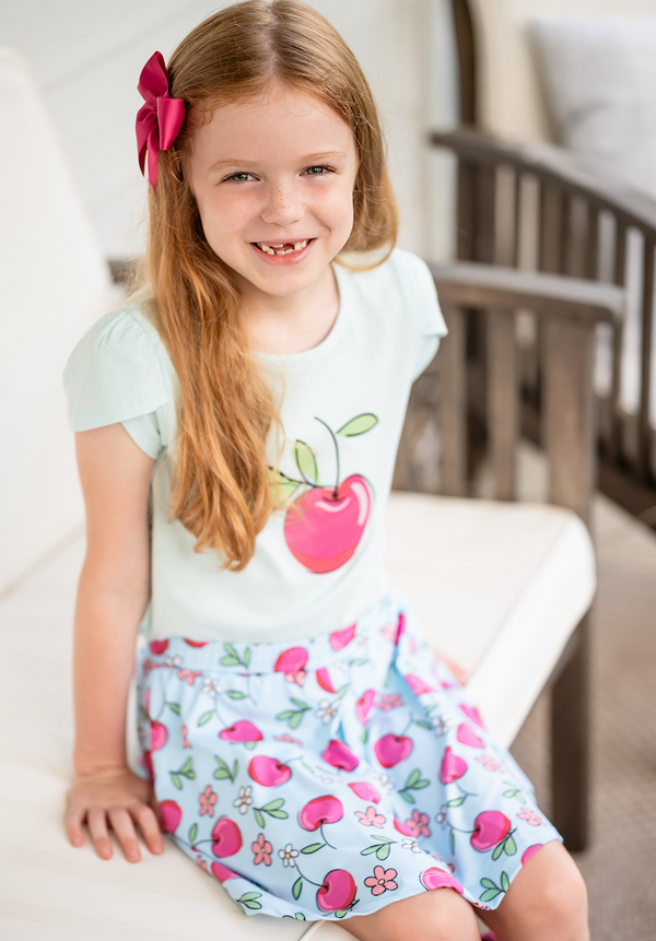 Ice Blue Tulip-Sleeve Top & Cherries Skort
