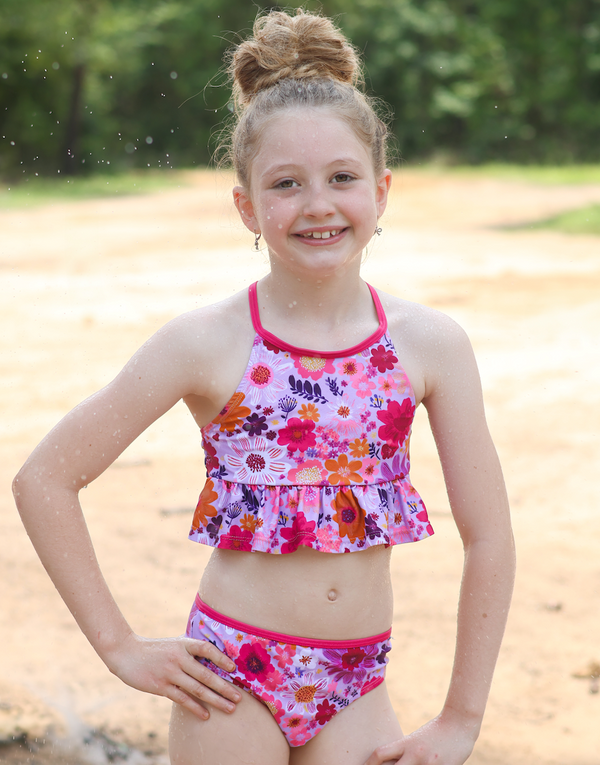 Fuchsia Firefly Floral Ruffle-Trim Tankini