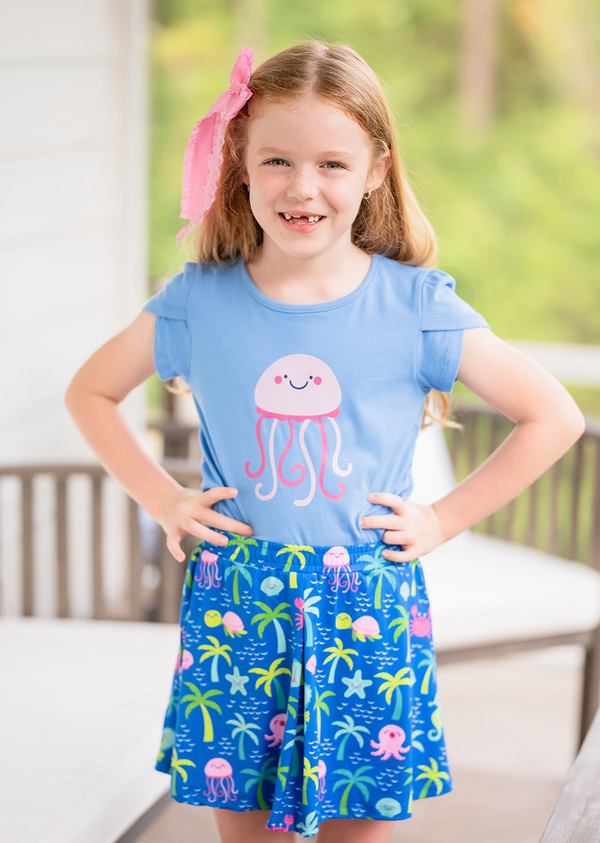 Marina Blue Tulip-Sleeve Top & Paradise Island Skort