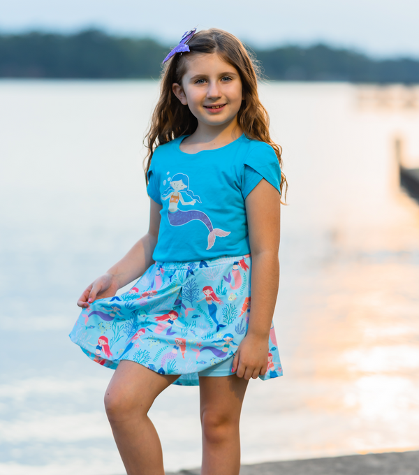 Turquoise Tulip-Sleeve Top & Mermaid Skort