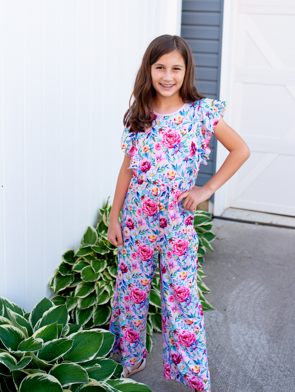 Kids Pink Rose Angel-Sleeve Overalls