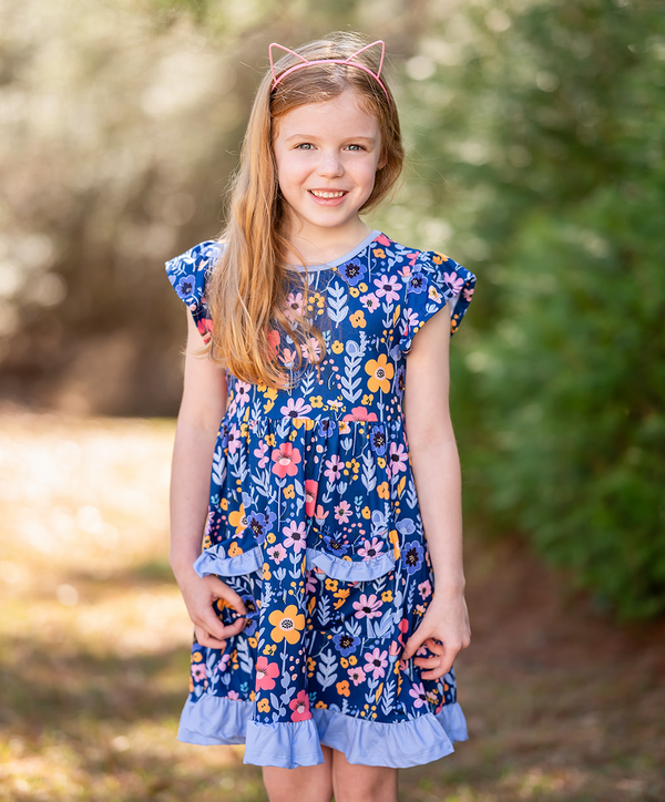 Navy BTS Floral 2-Pocket Angel-Sleeve Dress