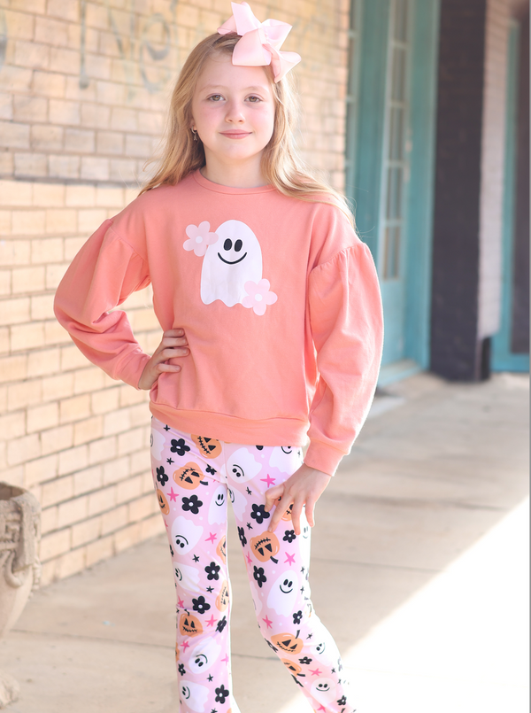 Coral Crewneck Sweatshirt & Pumpkin Ghost Flare Leggings