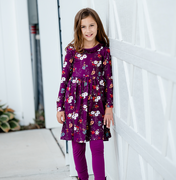 Plum Winter Floral Ruffle-Neck A-Line Dress & Leggings