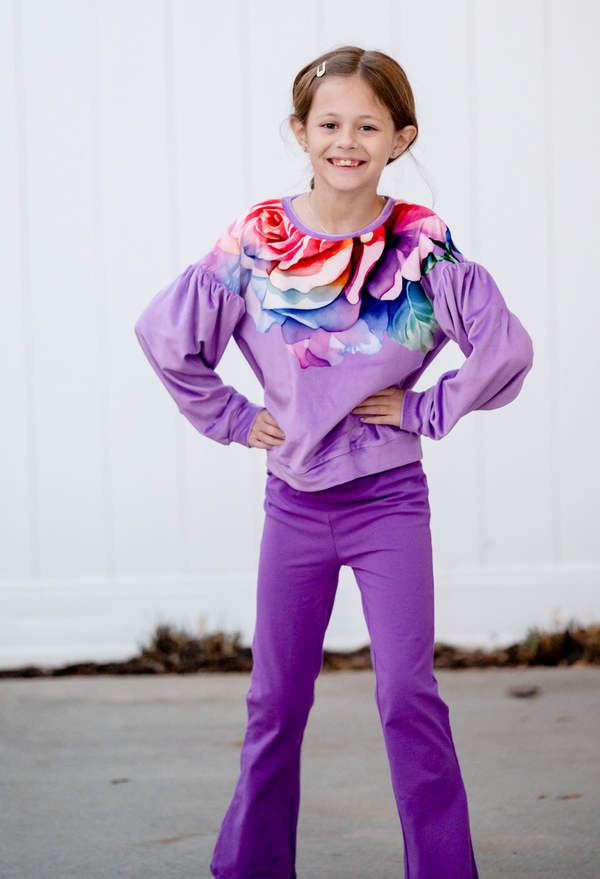 Purple Rose Crewneck Sweatshirt & Flare Leggings