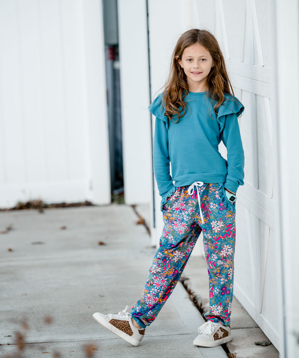Teal Angel-Sleeve Top & Velour Australian Flowers Joggers
