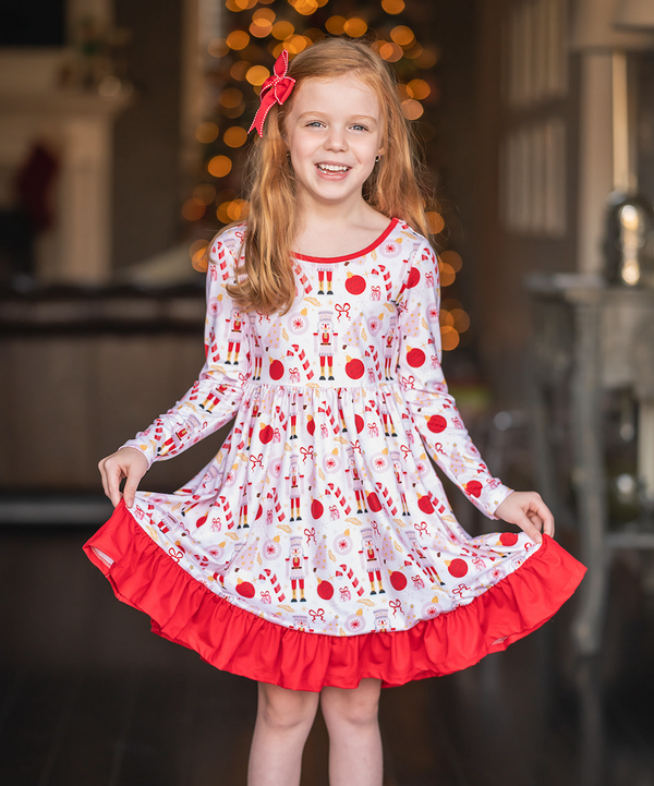 Pale Pink Christmas Balls Ruffle-Hem Dress
