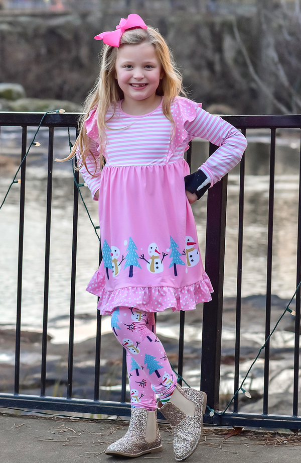 Pink Snow Girls Angel-Sleeve Dress & Leggings