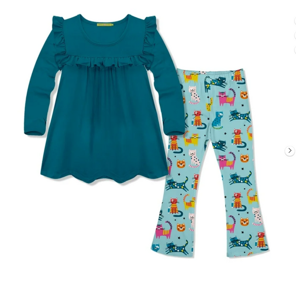 Millie Loves Lily Girls Teal Ruffle Top & Kitty Legging Set