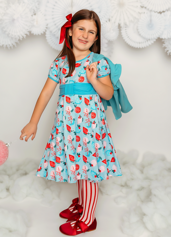 Holiday Ornaments Cap-Sleeve Dress & Nile Blue Ruffle Cardigan