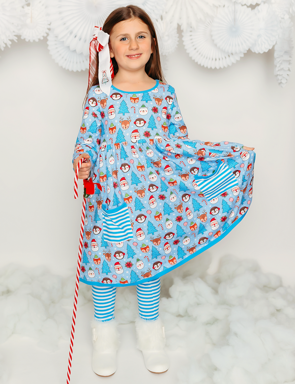 Christmas Stamp Front-Pocket A-Line Dress & Stripe Leggings