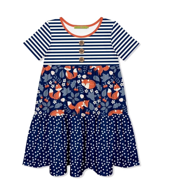 Millie Loves Lily Girls Navy Fox Printed Tiered Short Sleeve Dress