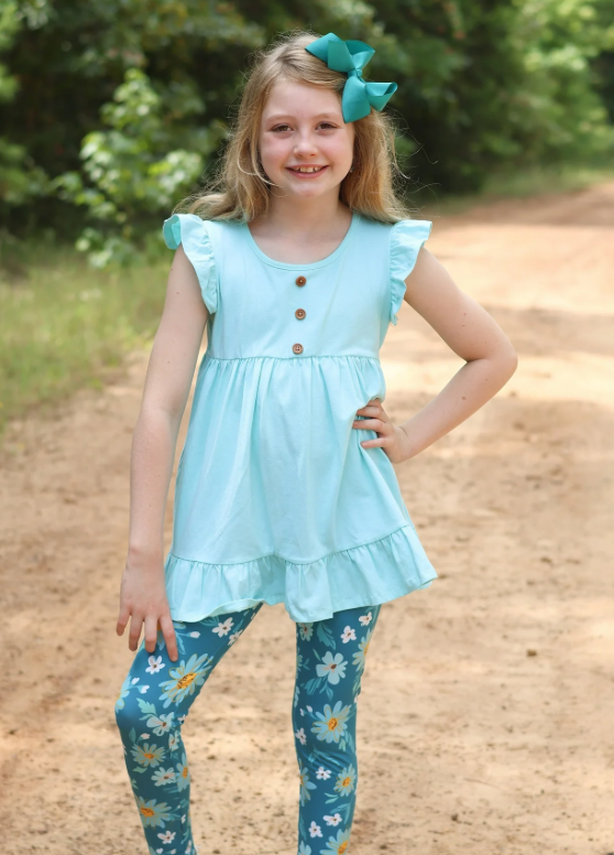 Millie Loves Lily Girls Teal & Mint Floral Garden Leggings Set, Big Girls