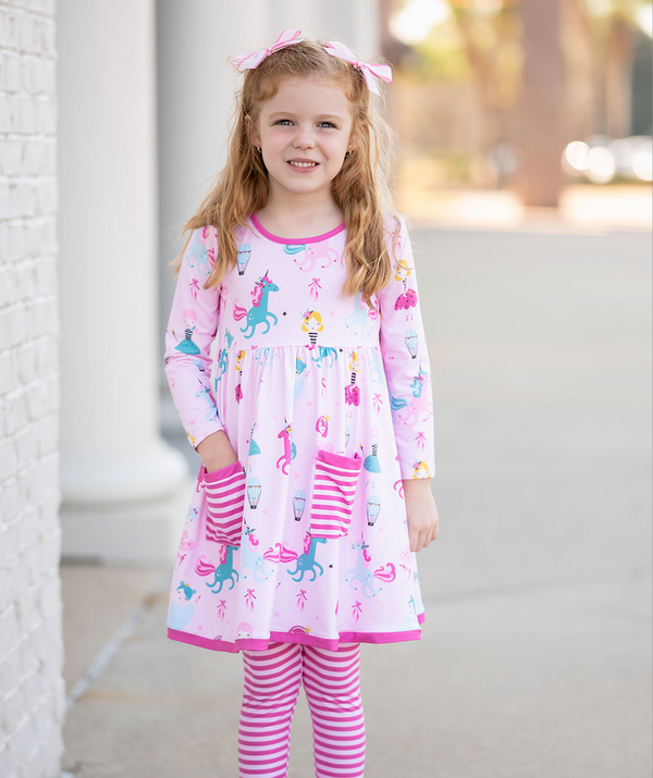 Millie Loves Lily Girls Pink Ballerina and Unicorns 2 Pocket Dress & Legging Set