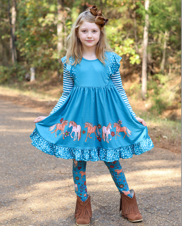 Millie Loves Lily Girls Teal Pony Border Dress & Legging Set
