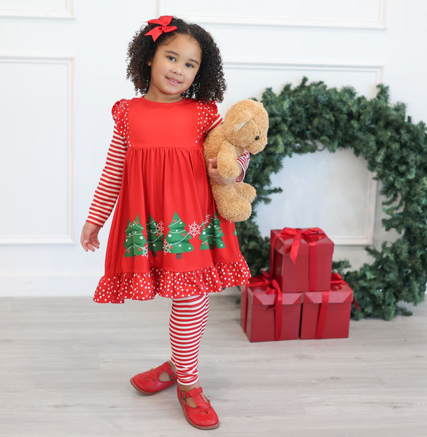 Millie Loves Lily Girls Red Christmas Tree Border Angel Wing Dress & Legging Set