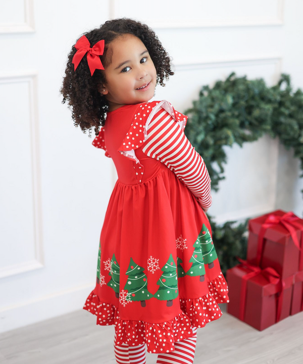 Millie Loves Lily Girls Red Christmas Tree Border Angel Wing Dress & Legging Set