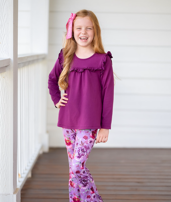 Millie Loves Lily Girls Plum Ruffle Top & Floral Flared Legging Set, Big Girl
