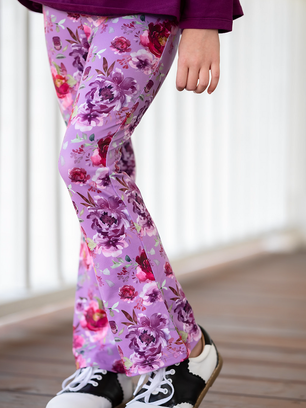 Millie Loves Lily Girls Plum Ruffle Top & Floral Flared Legging Set, Big Girl