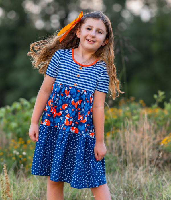 Millie Loves Lily Girls Navy Fox Printed Tiered Short Sleeve Dress