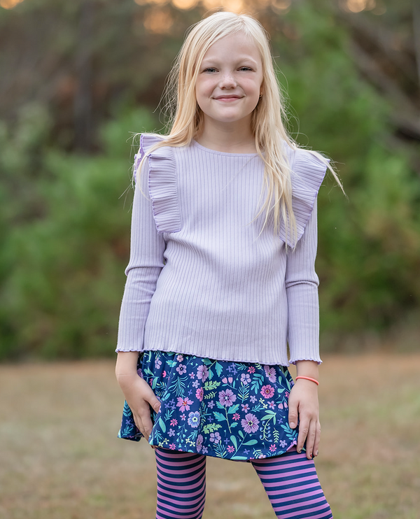 Kids Orchid Petal Ribbed Ruffle Long-Sleeve Top & Floral Skirted Leggings