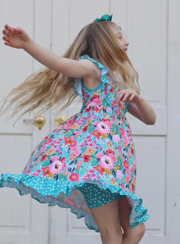 Millie Loves Lily Girls Turquoise New Beginnings Floral Angel Sleeve Dress and Short Set