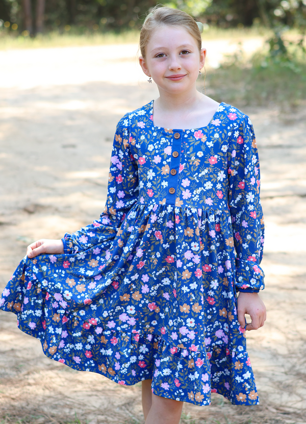 Kids Blue Beatrice Floral Square-Neck Button-Front Tiered Dress