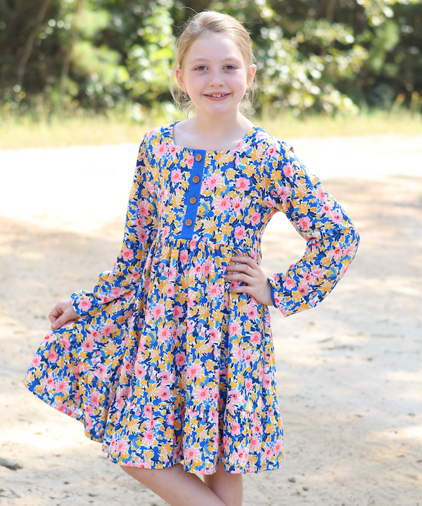 Kids Blue Floral Filigree Square-Neck Button-Front Tiered Dress