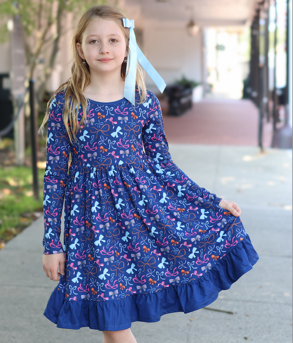 Kids Navy Bows Ruffle-Hem Dress