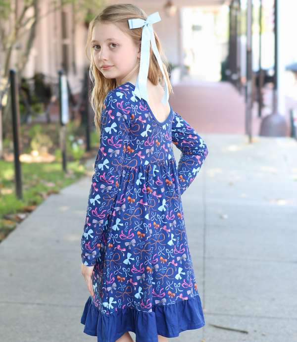 Kids Navy Bows Ruffle-Hem Dress